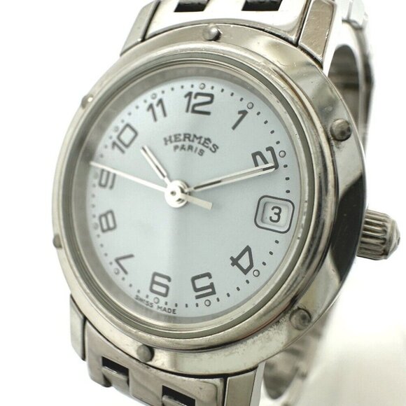 HERMES Clipper Date Quartz Wristwatch SS Silver - Picture 1 of 16